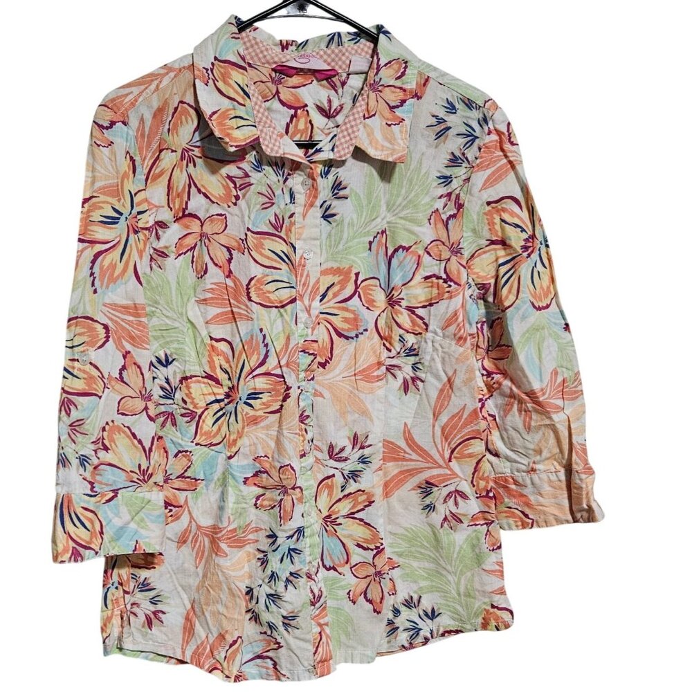Vintage Abbadana Floral Print Button Up Shirt Size Medium Boho 3/4 Sleeve Top